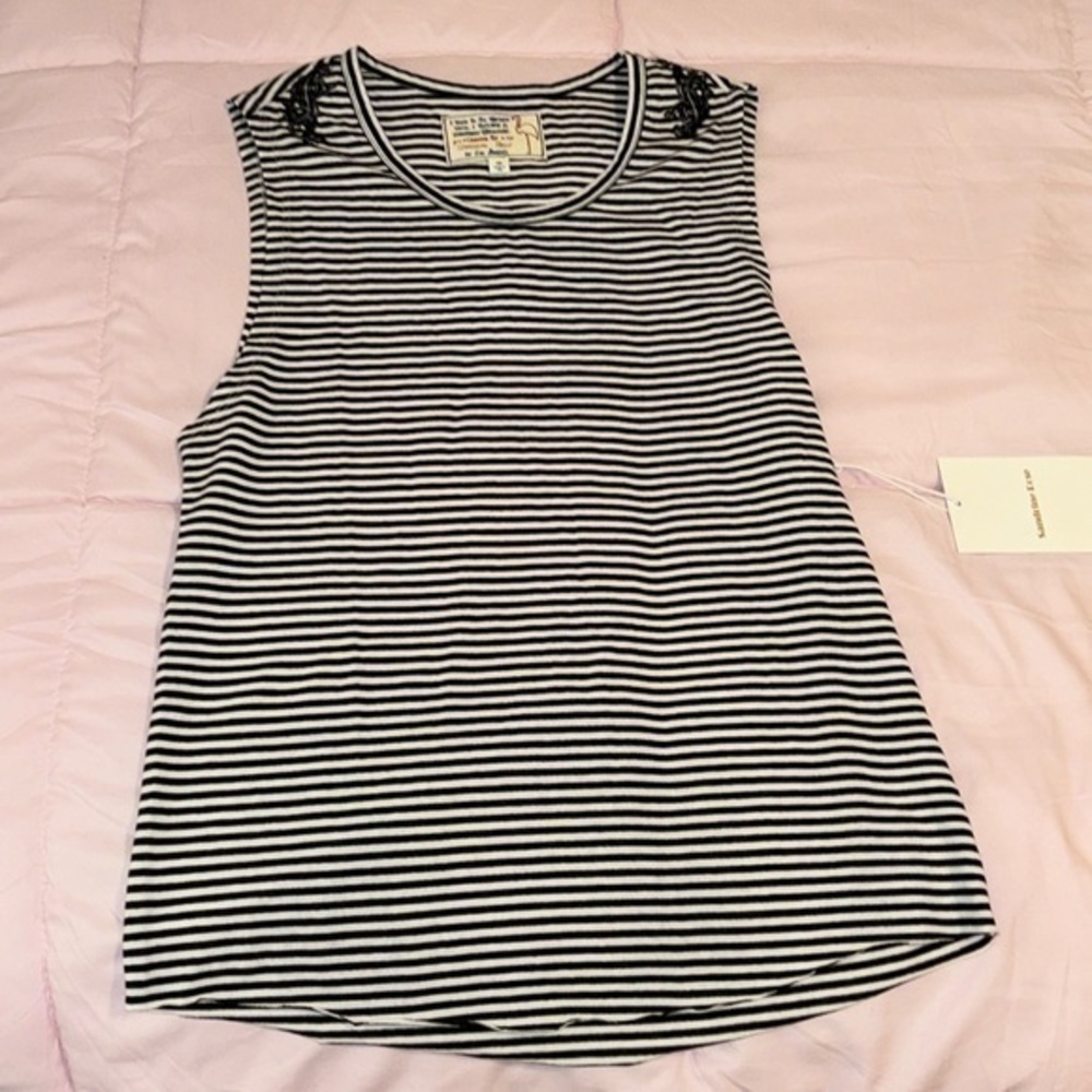 Sandrine Rose Black and white striped embroidered sleeveless top